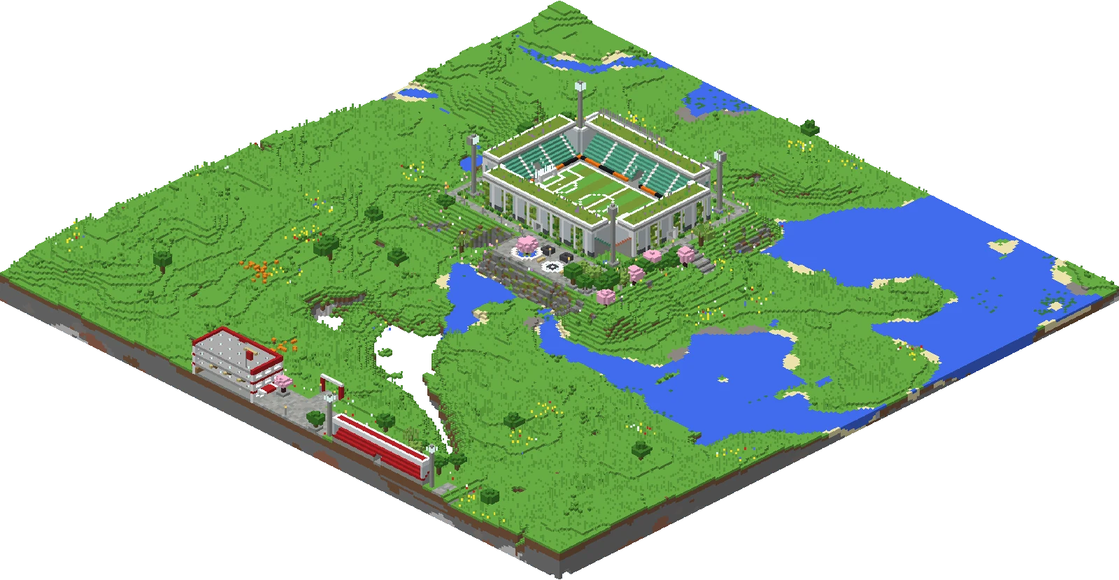 Die Welt rund um den Spawn mit Stadion und Vereinsgelände